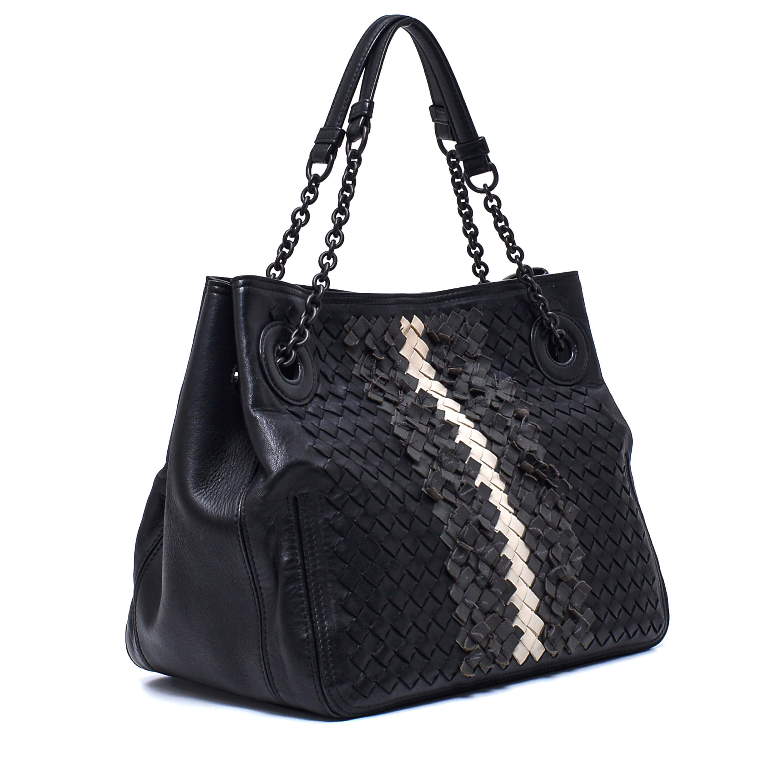 Bottega Veneta- Black&Grey Lambskin Leather Medium Intrecciato Chain Weave Bag